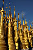 Inle Lake Myanmar. Indein, on the summit of a hill the  Shwe Inn Thein Paya a cluster of hundreds of ancient stupas. Many of them are ruined and overgrown with bushes. 